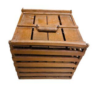 Vintage Wooden Egg Crate Carrier Storage Box With Handle Brown Farmhouse